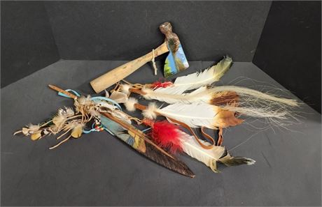 Native American Decor Turkey Feathers/ Carved Wood/ Hand Painted Hatchet