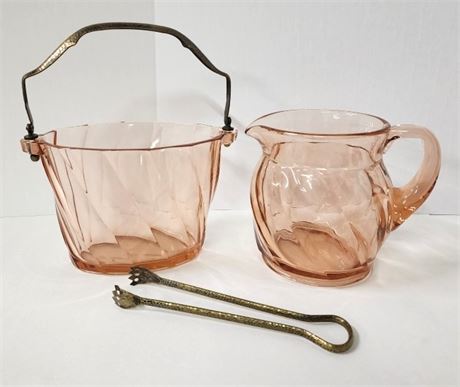 Vintage Heisey Pink Depression Glass Ice Bucket w/ Tongs, Pitcher