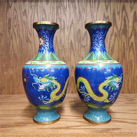 Vintage Cloisonne Dragon Vase Pair...4x9