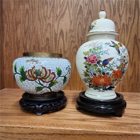 Vintage Cloisonne Bowl & Lidded Porcelain Jar