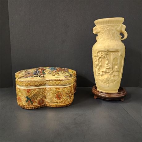 Vintage Carved Stone Vase & Lidded Satsuma Ware Box