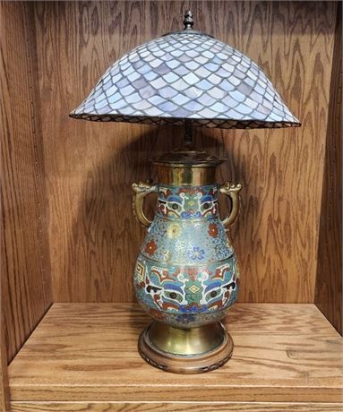 Very Awesome Vintage Cloisonne Lamp with Stained Glass Shade...7x24