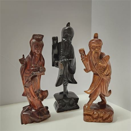 Hand Carved Wood Asian Statue Trio