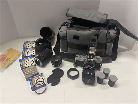 Vintage Minolta SR T200 Camera w/ 3 Lenses, Filters, Flash, Bag, and More