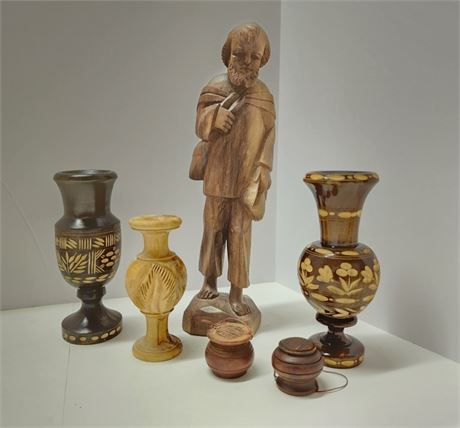 Hand Carved Wood Vases & Statue