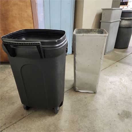 Pair of Square Trash Containers, Plastic one is 18x18x30, Steel one is 14x14x30
