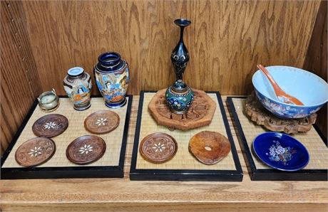 Assorted Mini Cloisonné/Porcelain/Carved Trivets & Wooden Tray