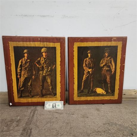 Vintage Wood Military Uniform Wall Hanger Pair - 18x22