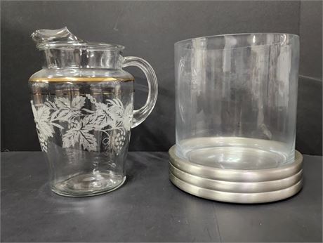 Vintage Etched Glass Water Pitcher & Candle Holder/Vase - 9"⬆️