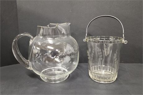 Vintage Etched Glass Water Pitcher & Ice Pail - 8"⬆️