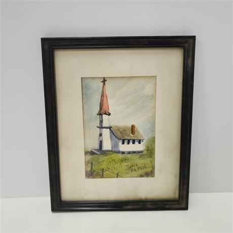 Framed Original Red Lodge St Olaf Church Water Color by Doris Patton - 9x11