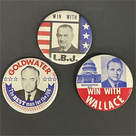 Vintage LBJ/Goldwater/Wallace Campaign Pin Trio