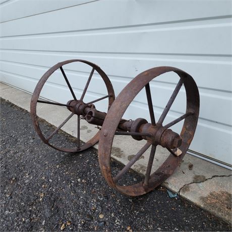 2 - Antique Implement Wheels w/ Axel - 15" Diameter