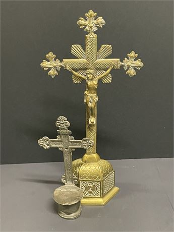 Awesome Antique Holy Water Crucifix & Standing Crucifix Pair