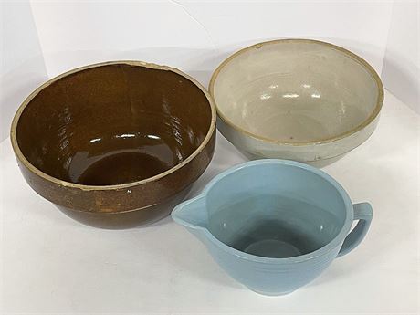 Vintage Pottery Bowl Trio-One w/ Handle & Hallmark