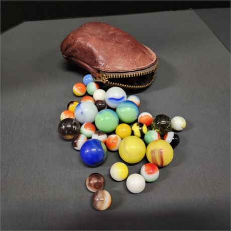 Vintage Marbles w/ Leather Pouch