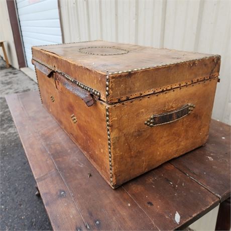 Antique Wood & Leather Trunk w/ Insignia