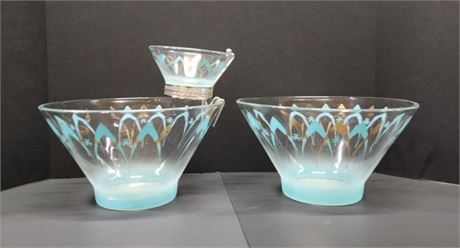 Vintage Hand Painted Glass Bowl Server Trio