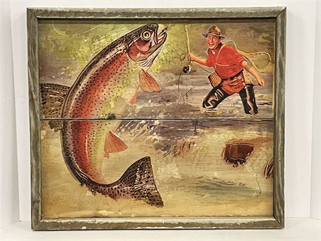 Framed Wood Fly Fishing Repro Wall Decor- 20x17