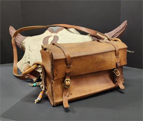 Vintage Handmade Leather Bag w/ Wood Rings & Beads