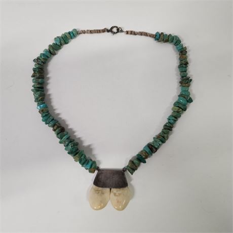 Vintage Hand Beaded Turquoise & Tooth Necklace - 15"