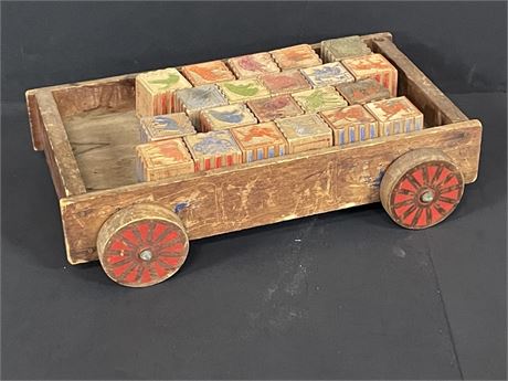 Antique Wood Block Wagon w/ Blocks