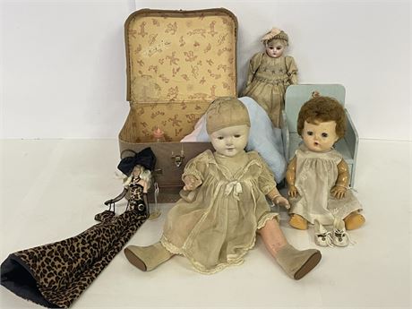 Antique Dolls w/ Tote & Wood Chair