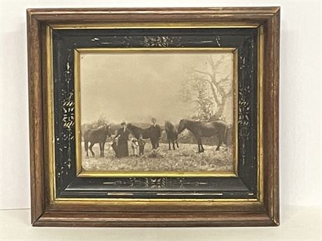 Antique Framed Family w/ Horses Print - 15x13