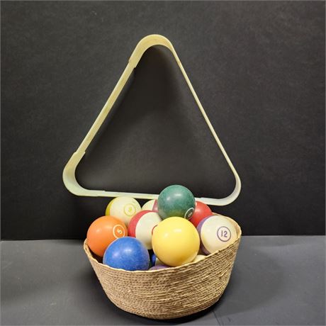 Vintage Billiard Balls w/ Rack & Basket