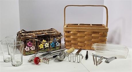 Vintage Woven/Embroidered Picnic Caddy/Totes w/ Utensils