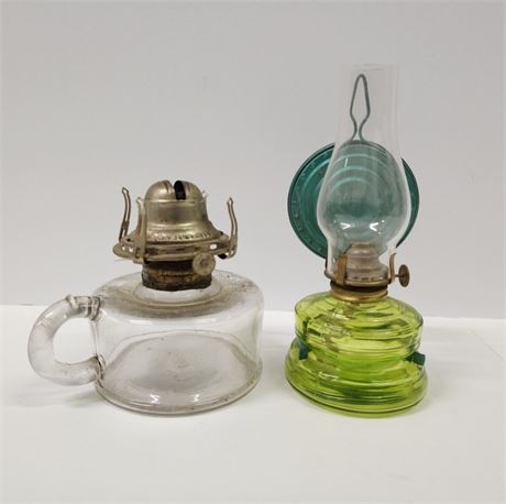 Vintage Green & Clear Glass Oil Lamp Pair