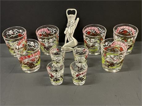 Cool U.S. Army Rocks & Shot Glasses with Hawaiian Maiden Bottle Opener