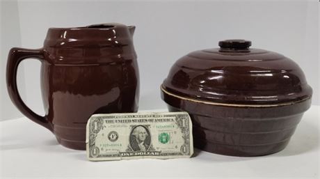 Vintage Lidded Oven-Safe Bowl & Water Pitcher