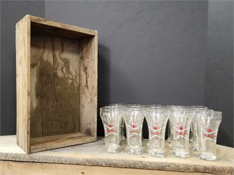 Vintage Mini Budweiser Fluted Beer Glasses w/ Crate - 15pcs.