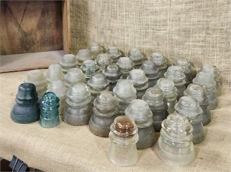 Vintage Glass Insulators w/ Wood Crate - 33pcs.