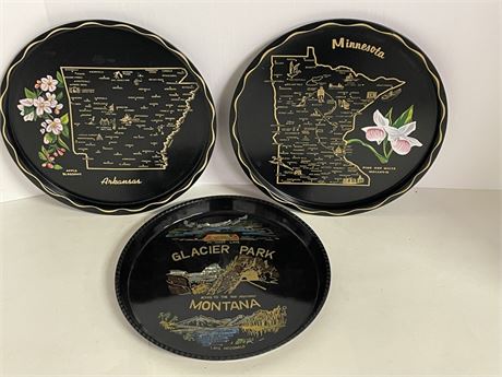 Vintage MCM Painted Tray Trio (Glacier Park, MT/Arkansas/Minnesota)