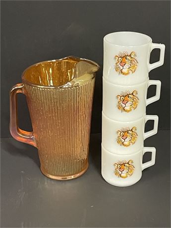 Vintage Orange "Marigold" Pressed Carnival Glass Pitcher & Fire King Tiger Mugs