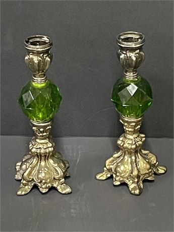 Vintage Green Glass & Brass Candle Holders