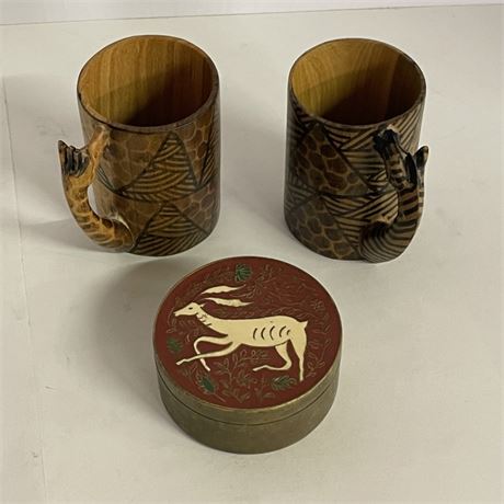 Carved Wood Cups & Brass Trinket Box