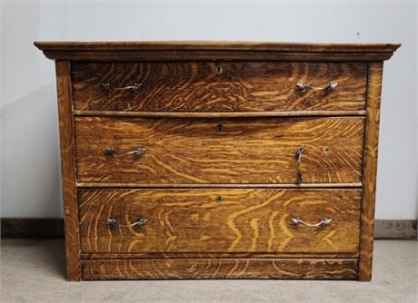 Antique 3 Drawer Oak Carved Front low Dresser - 38x18x26