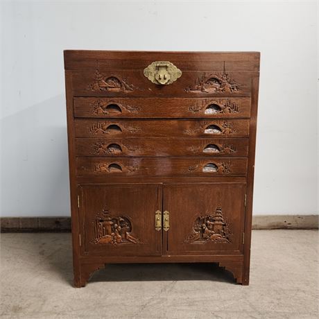 Antique Oriental Carved Silverware/Jewelry Cabinet Collector Chest - 24x14x31