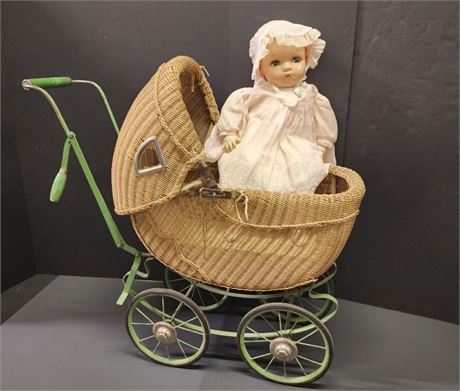 Antique Baby Stroller, Antique Doll, - 27"x11x27