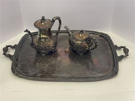 Vintage Handchased Silver Plated Serving Tray & Tea+Coffee Pots Numbered