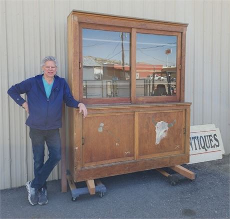 Large Antique Shelved Case w/ Slider Glass & Hand Painted Doors - 76x21x91