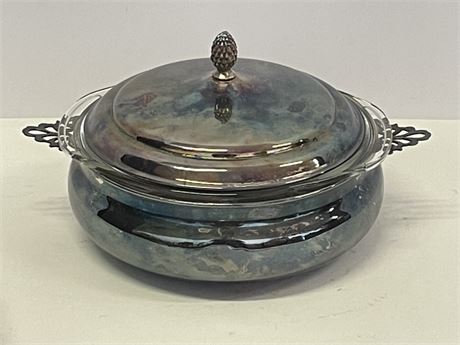 Vintage Sheffield Lidded Silver Plated Server w/ Pyrex Insert - 9" Diameter