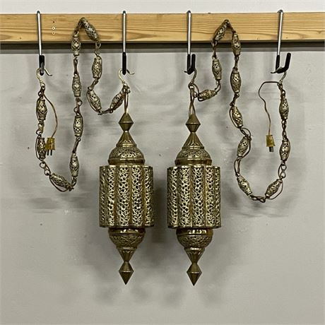 Large Vintage Brass Asian Style Wall Hanging Lamp Pair - 27"⬆️