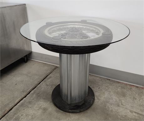 Harley Davidson Spoked Wheel Accent Table w/ Glass Top - 36" Diameter, 30"⬆️