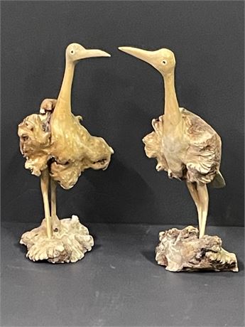 Vintage Burl Wood Hand Carved Water Fowl Sculpture Pair