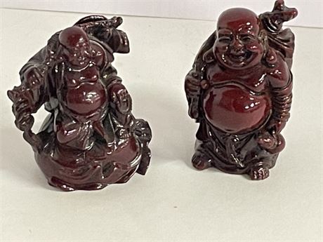 Vintage Hand Carved Buddha Feng Shui Good Fortune Statue Pair -