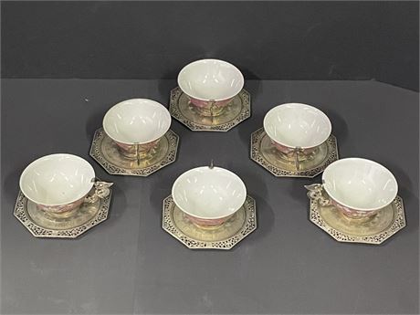 Antique Porcelain Cups w/ Metal Cup Handles & Saucers